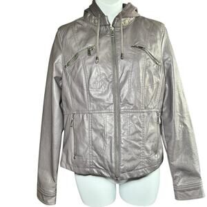 J2 Gray Faux Leather Women’s Jacket Cotton Hood Zipper Pockets Size Large Punk